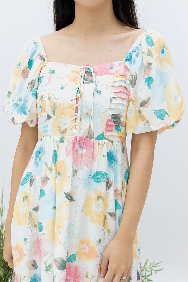 Genna Lace-Up Dress in Canary Yellow Florals