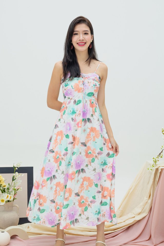 Genna Lace-Up Spag Dress in Apricot Florals