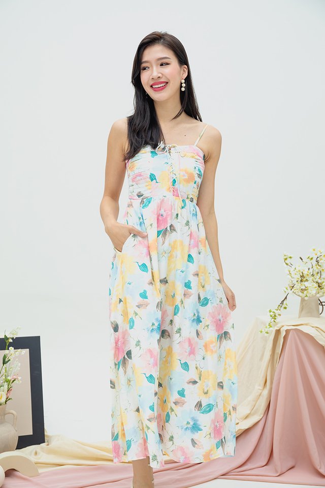 Genna Lace-Up Spag Dress in Canary Yellow Florals