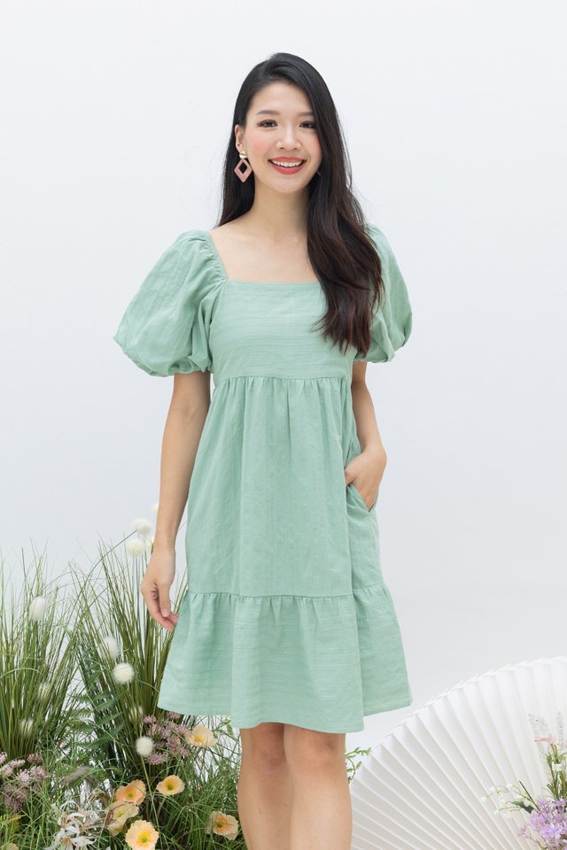 Girly Vibes Babydoll Dress in Chalk Green