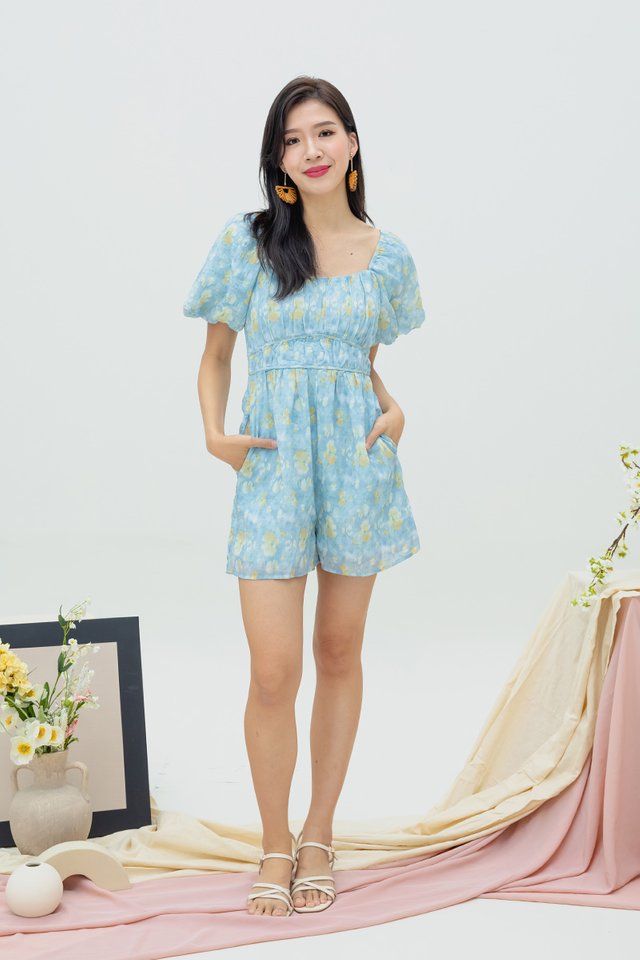 Kalia Ruched Detail Romper in Blue Florals