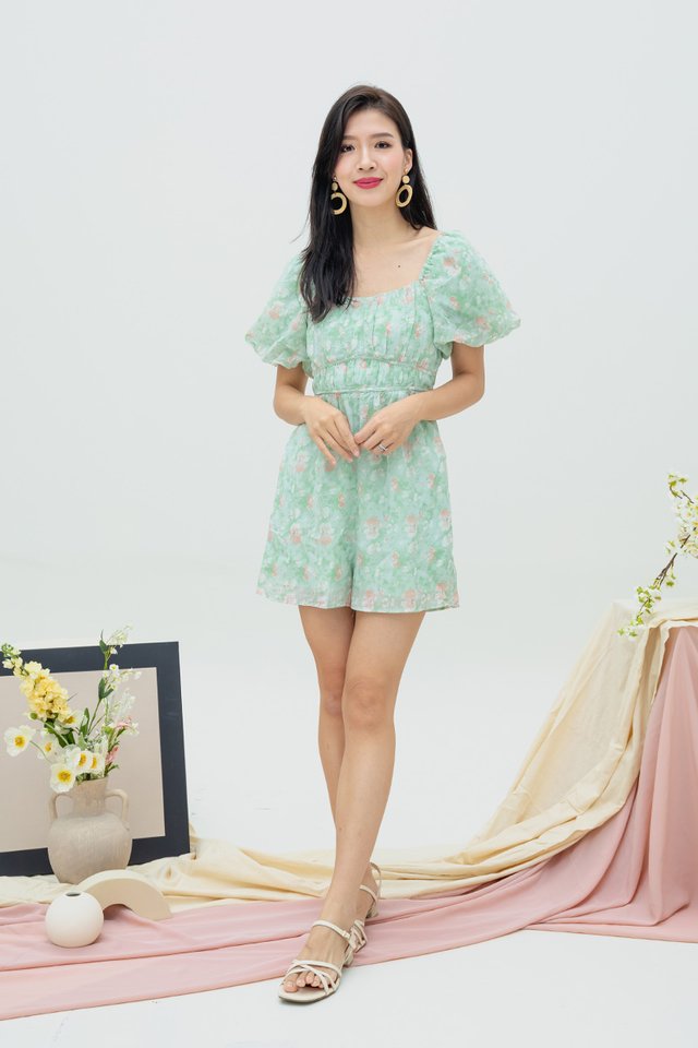 Kalia Ruched Detail Romper in Green Florals