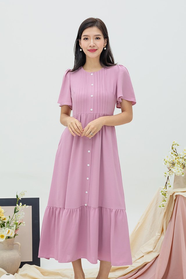 Parisienne Pleated Buttons Dress in Orchid Pink