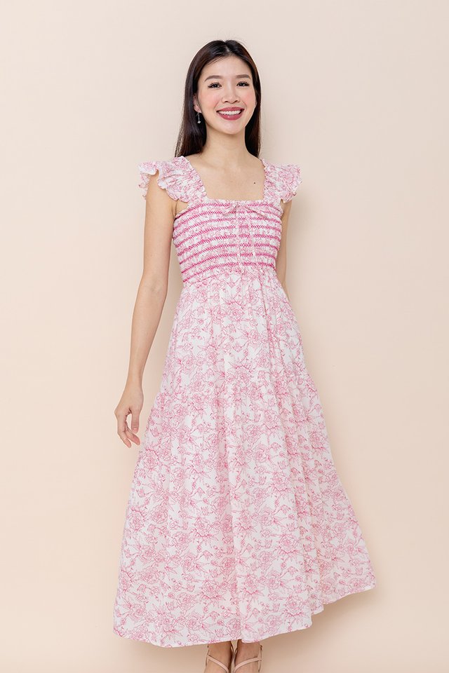 Flutter Fairy Contrast Stitching Smocked Dress in Pink Porcelain