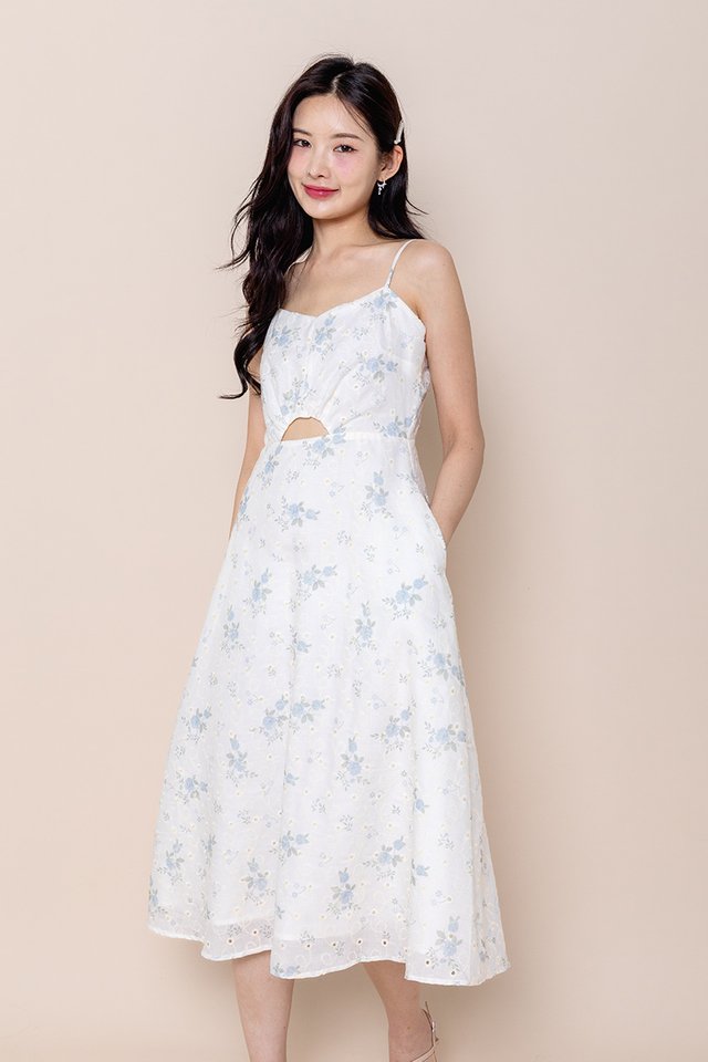 Blooming Beauty Peekaboo Spag Dress in Blue Eyelet