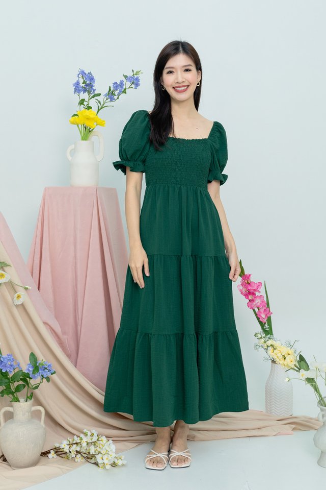 (NEW Fabric!) Dainty Fields Smocked Dress in Forest Green