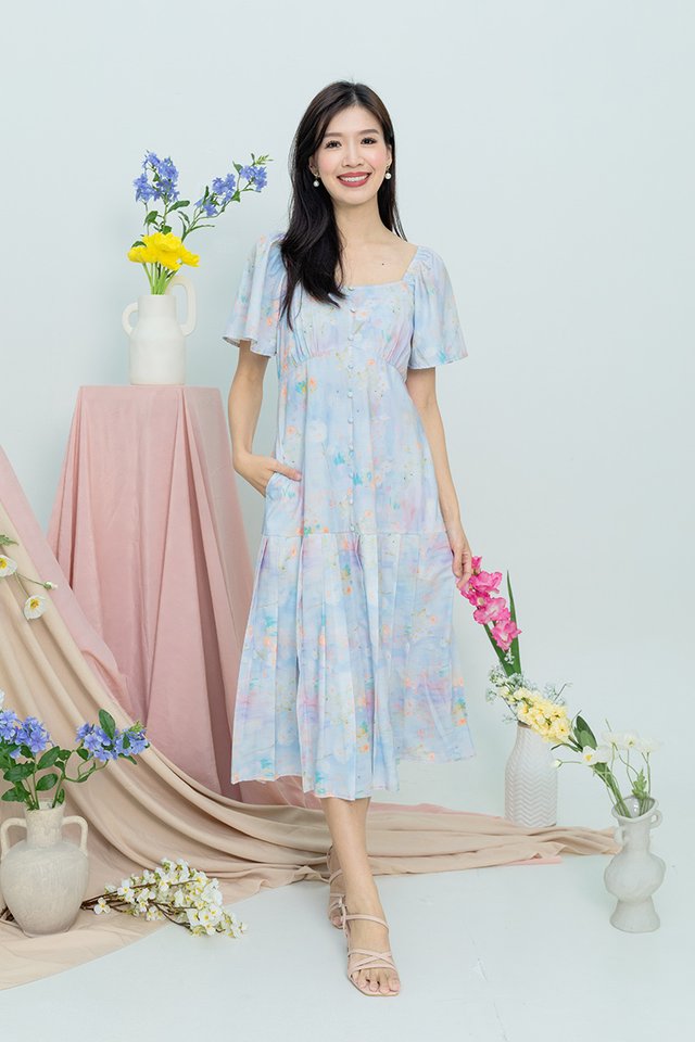 Joyous Pleated Buttons Dress in Watercolours