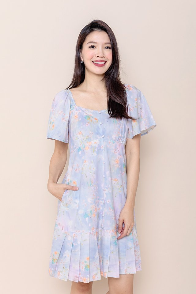 Joyous Pleated Buttons Dress Romper in Lilac Watercolours