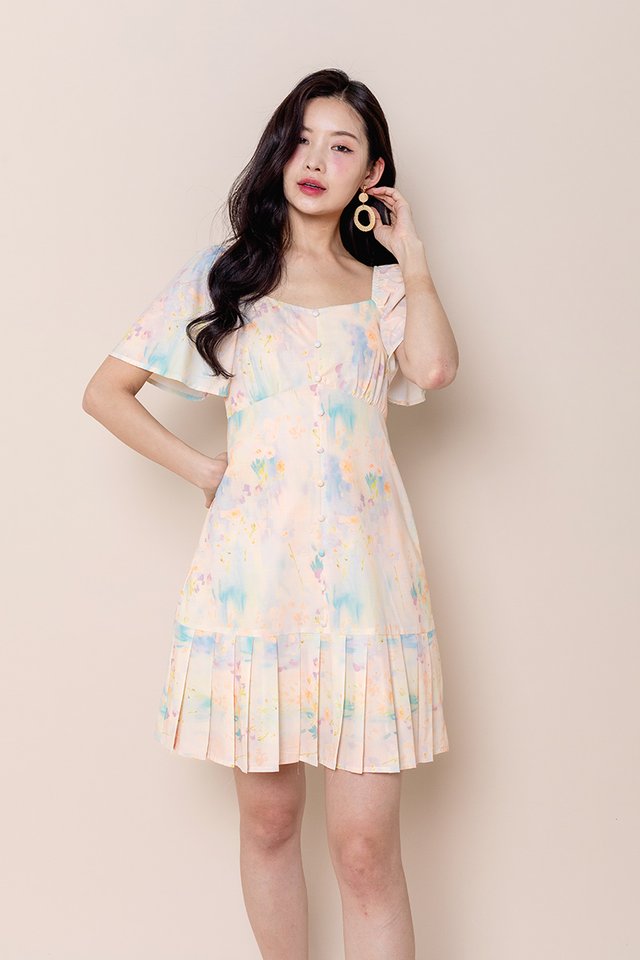 Joyous Pleated Buttons Dress Romper in Sunset Watercolours