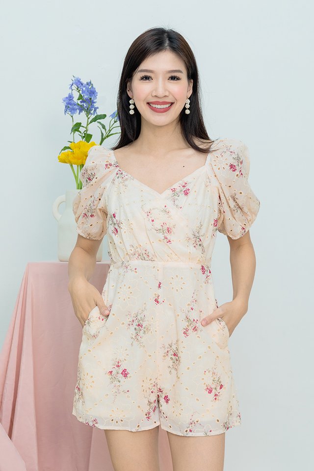 Lovely Seasons Eyelet Floral Romper in Autumn