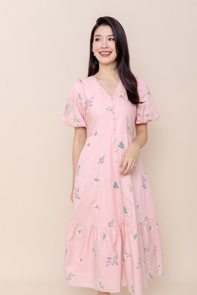 Lush Florals Puffy Sleeves Dress in Pink Embroidery