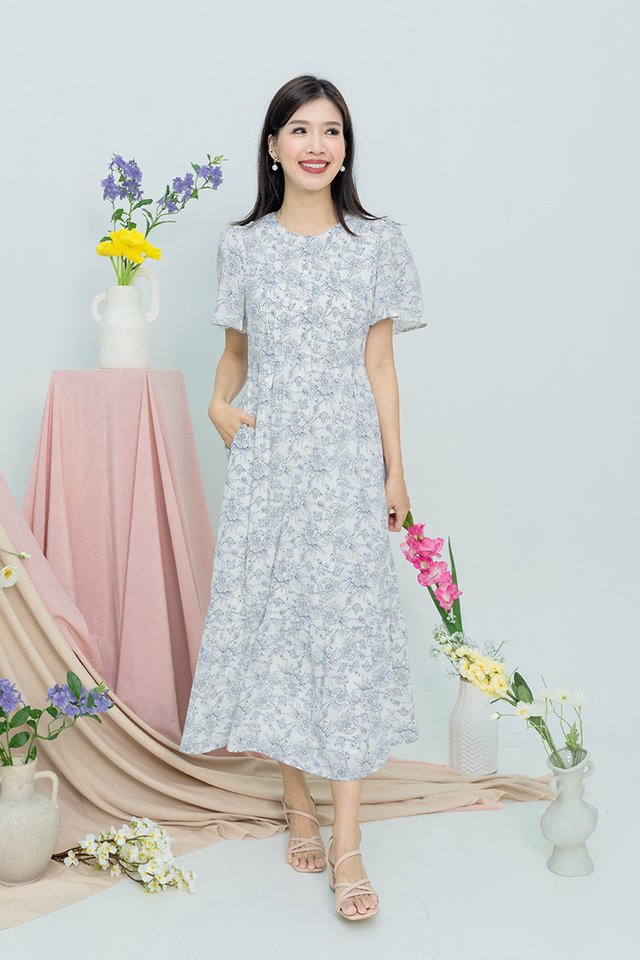 (NEW Colour!) Parisienne Pleated Buttons Dress in Blue Porcelain
