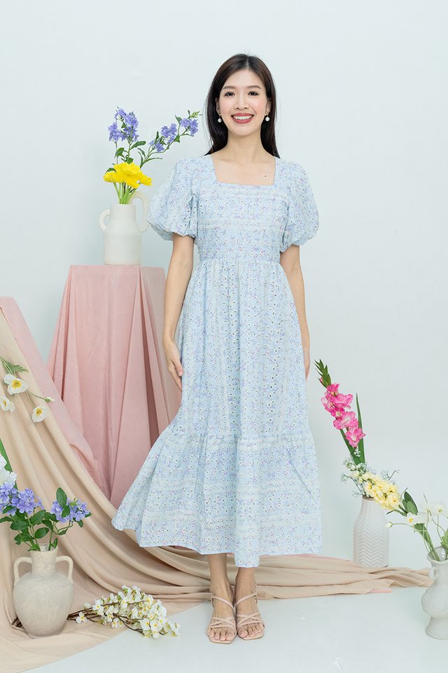 (NEW FABRIC!) Seasons of Love Puffy Sleeves Dress in Powder Blue Eyelet