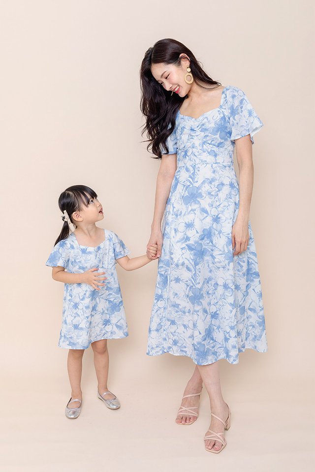 Petal Charmer Floral Tie-Back Girls' Dress in Romance Blue
