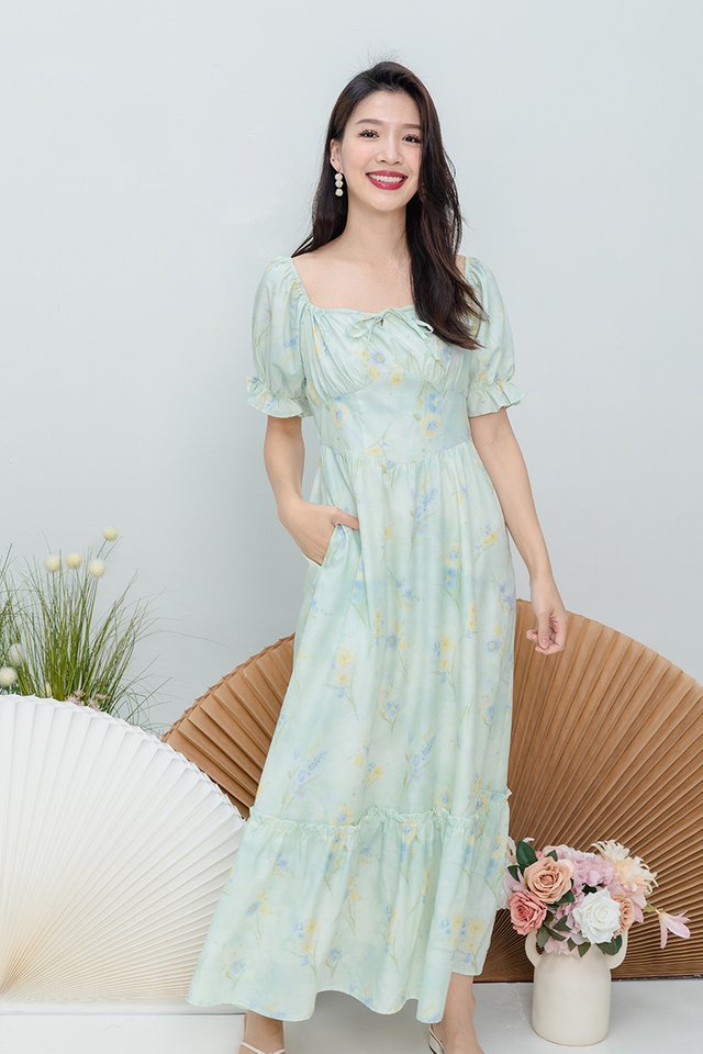 Camellia Floral Ruffle Dress in Mint Florals