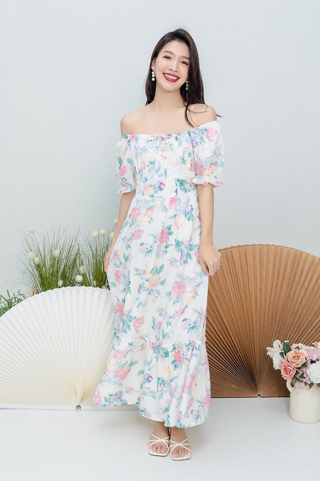 Camellia Floral Ruffle Dress in Pink Blossom