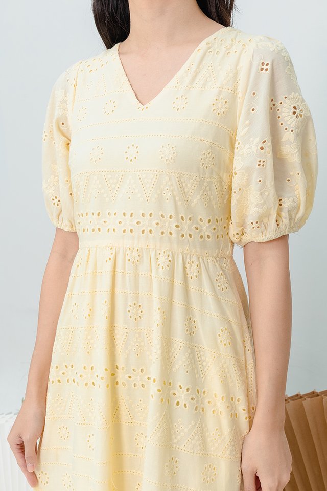 Florence Eyelet V-Neck Dress in Daffodil Yellow