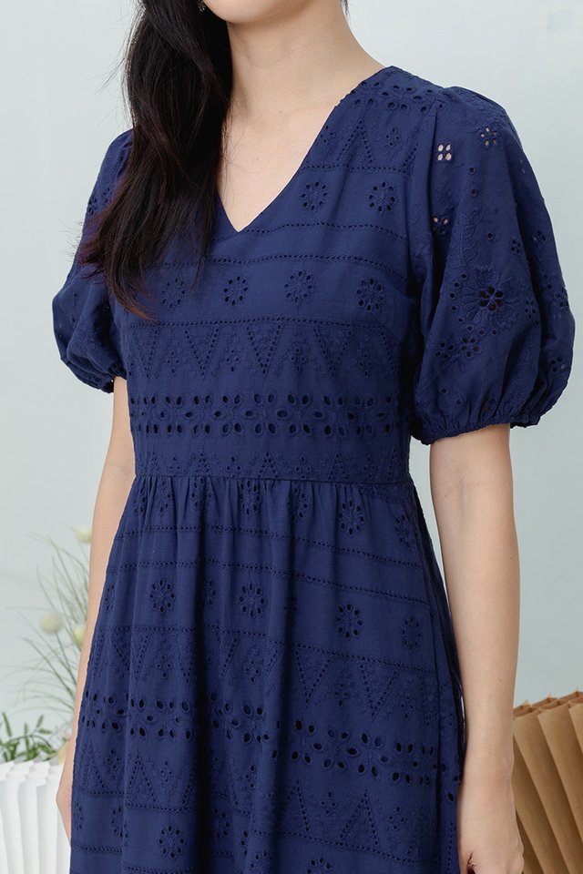 Florence Eyelet V-Neck Dress in Navy