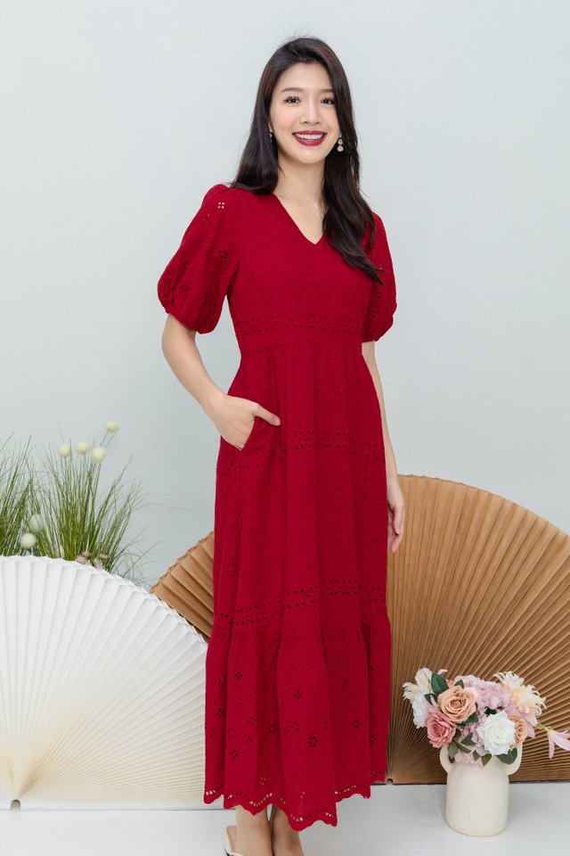 Florence Eyelet V-Neck Dress in Red