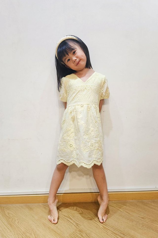 Florence Eyelet V-Neck Girls Dress in Daffodil Yellow