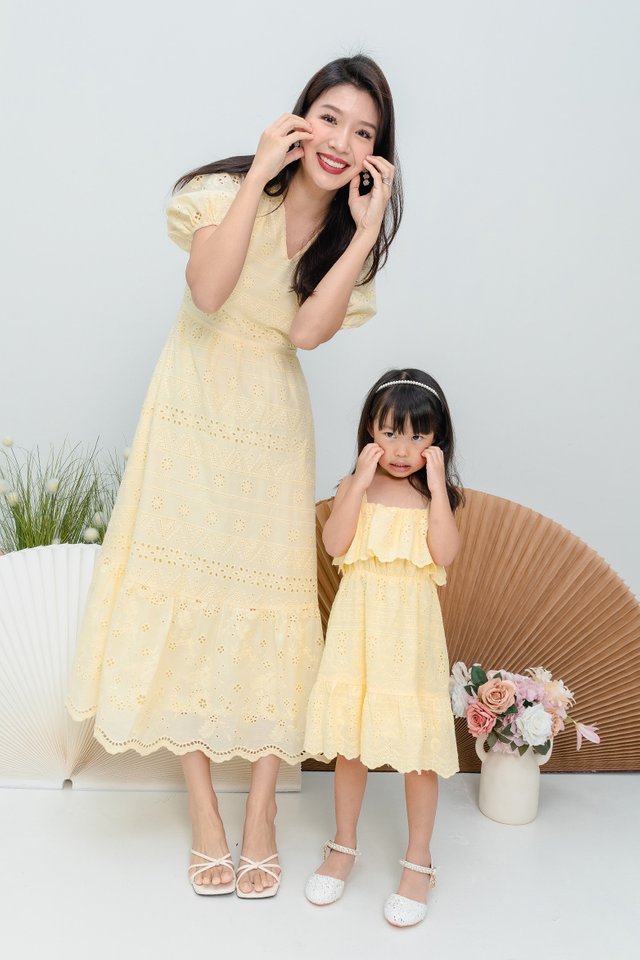 Sherry Scalloped Hem Eyelet Girls’ Dress in Daffodil Yellow