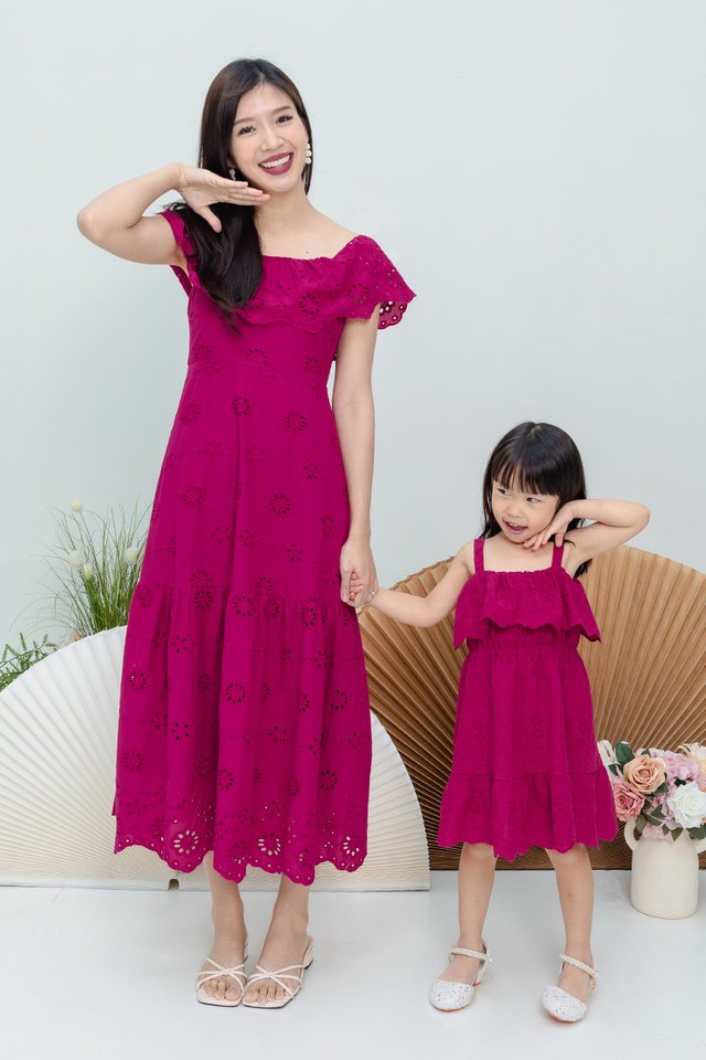 Sherry Scalloped Hem Eyelet Girls’ Dress in Magenta