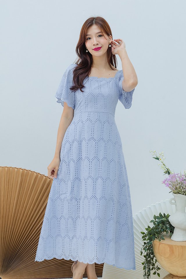Claire Scalloped Hem Dress in Soft Blue