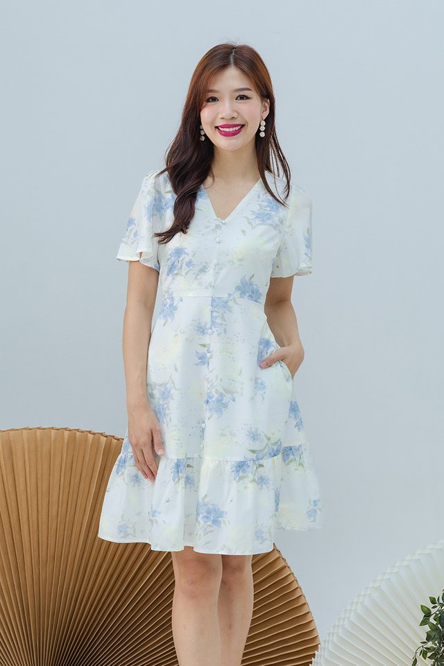 Floral Belle Buttons V-Neck Dress in Blue Lilies