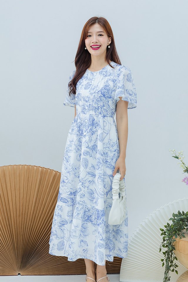 (NEW PRINT!) Parisienne Pleated Buttons Dress in Blue Camellia