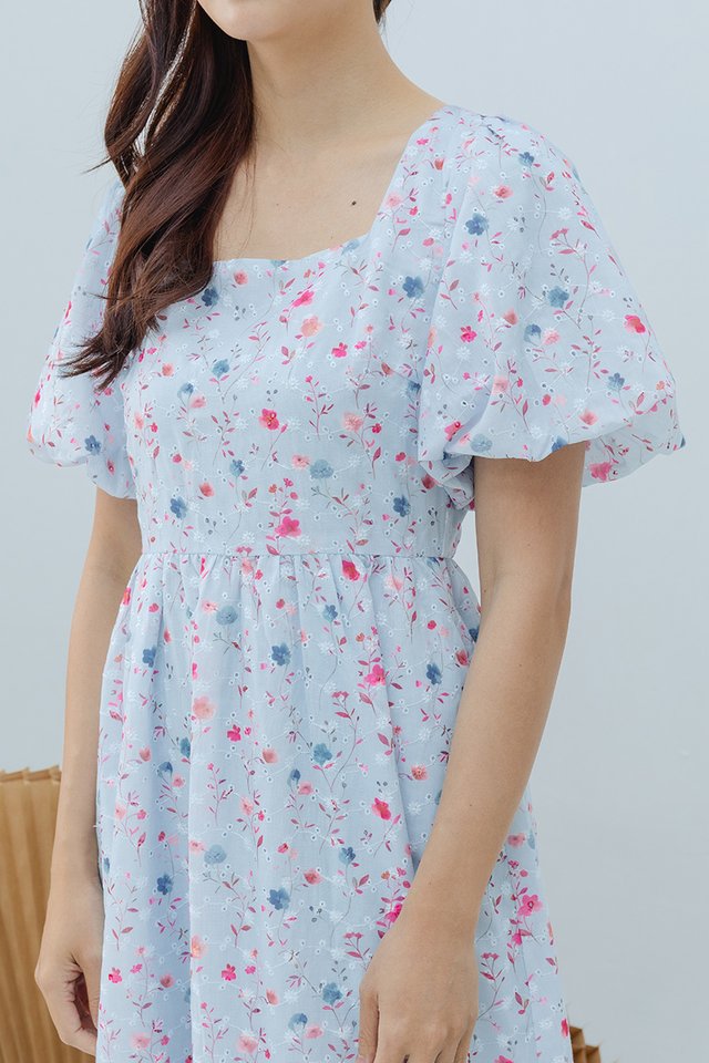 (NEW FABRIC!) Seasons of Love Puffy Sleeves Dress in Blue Garden Florals