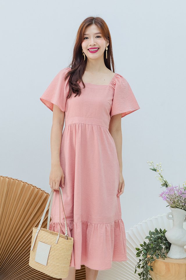 Delilah Square Neck Dress in Apricot Pink
