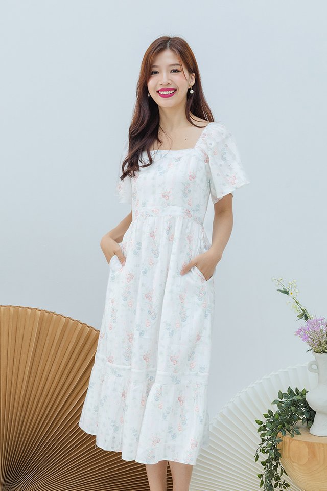 Delilah Square Neck Dress in Blue Cerise Florals