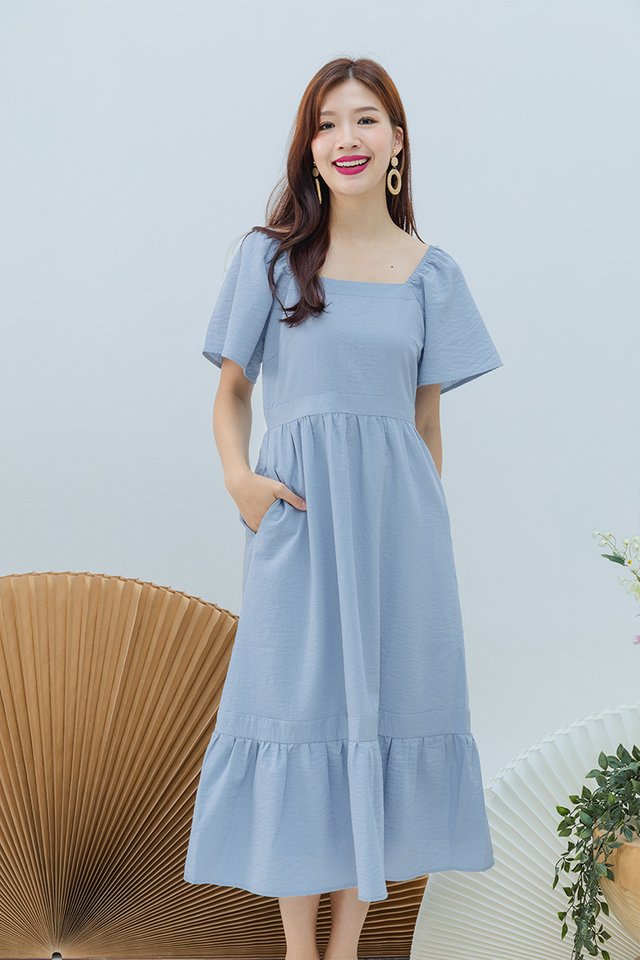 Delilah Square Neck Dress in Dusty Blue