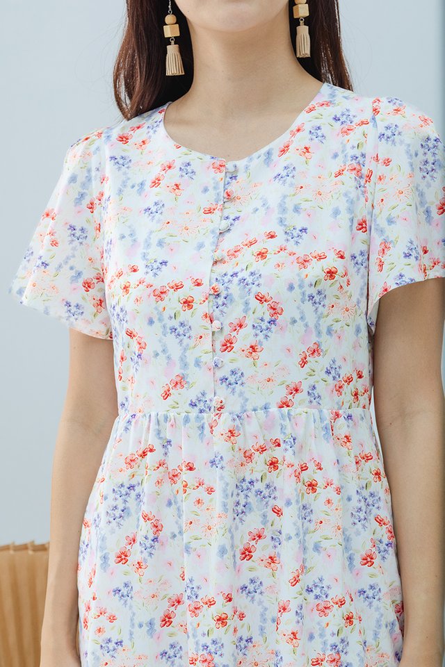 Sweetly Buttoned Dress in Carmine Florals