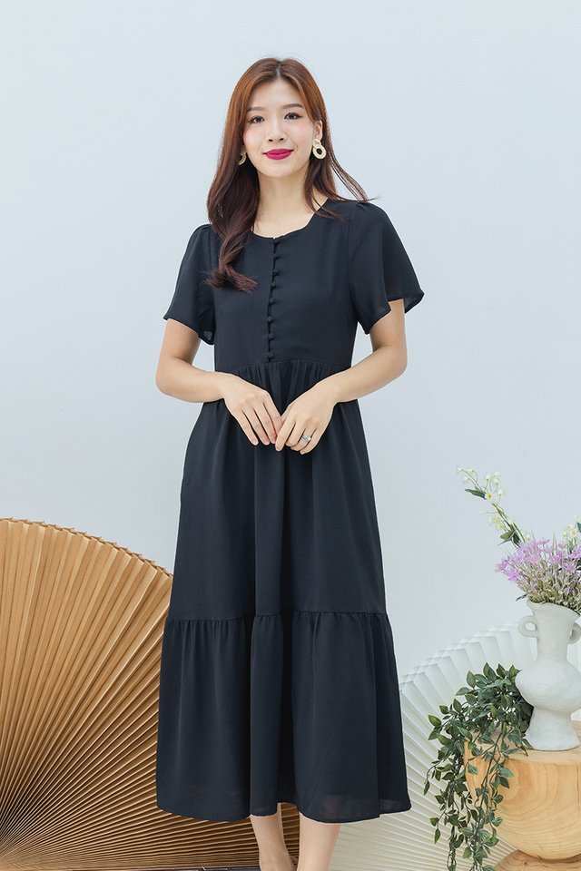 Sweetly Buttoned Midi Dress in Black