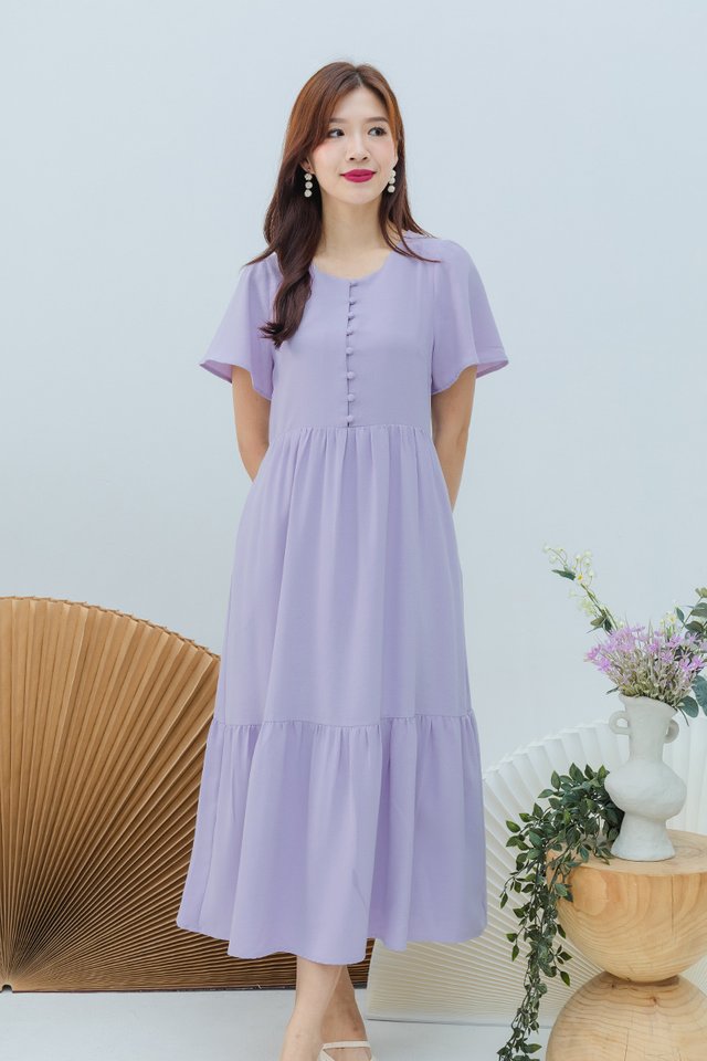 Sweetly Buttoned Midi Dress in Lilac