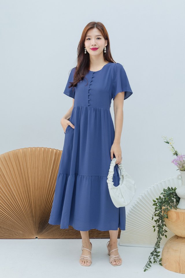 Sweetly Buttoned Midi Dress in Marine Blue