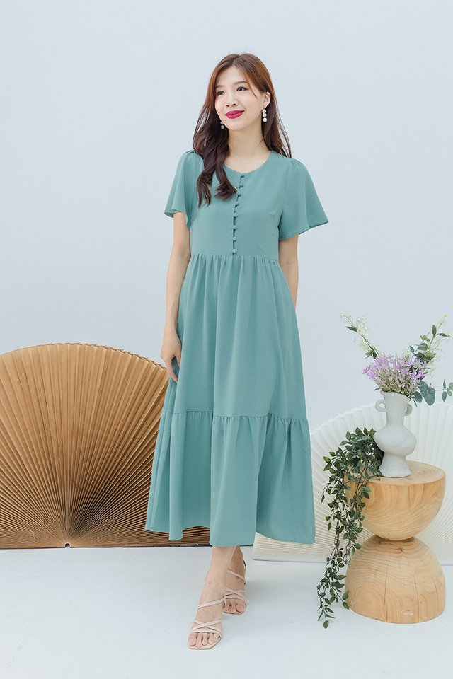 Sweetly Buttoned Midi Dress in Sea Green