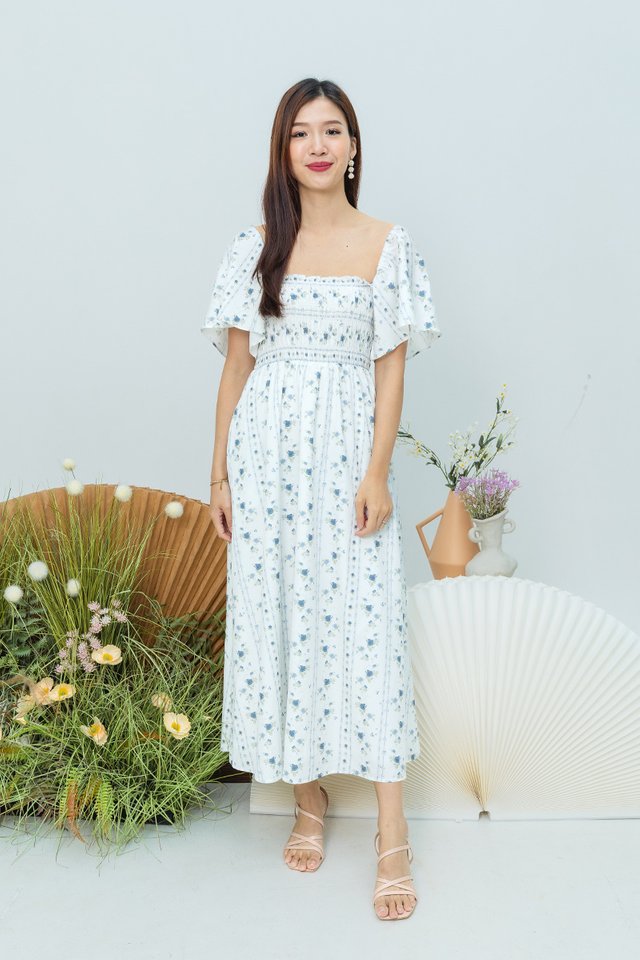 Aria Multi-Way Smocked Dress in Slate Blue Camellia