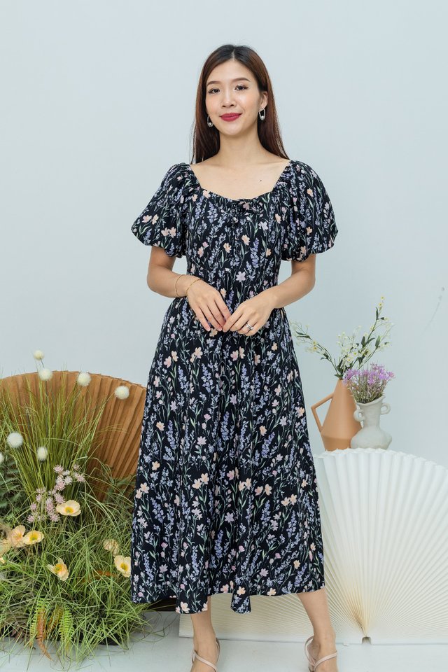 Garden Haze Lace Up Dress in Black Florals