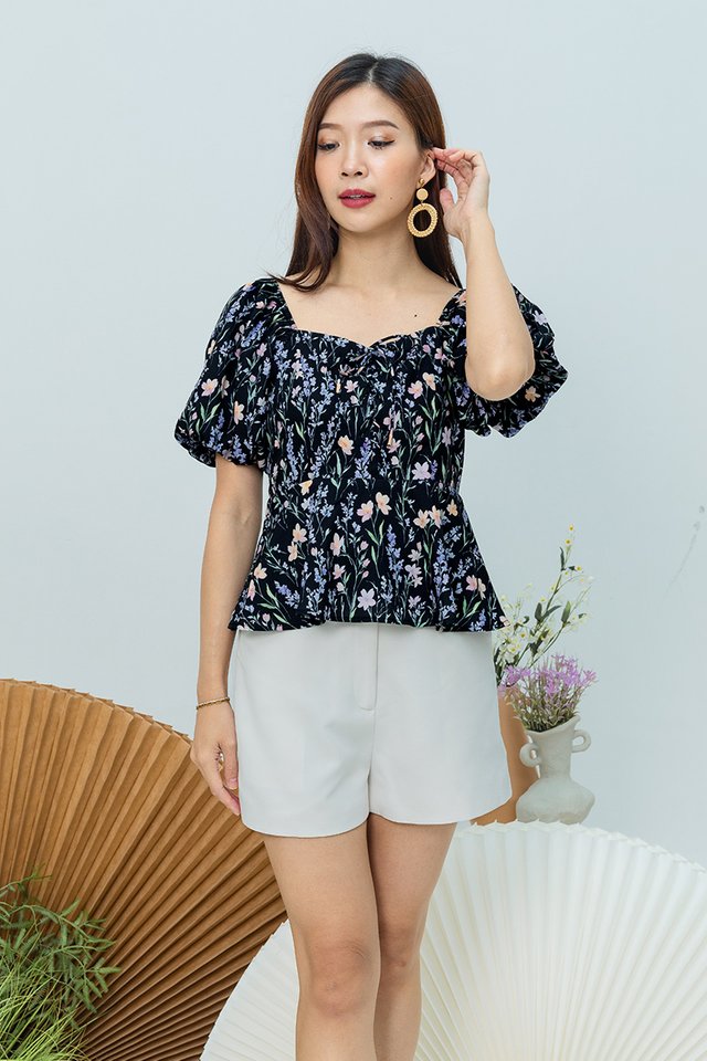 Garden Haze Lace Up Top in Black Florals