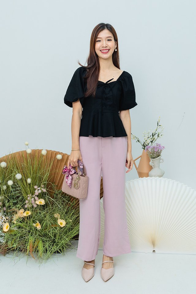 Garden Haze Lace Up Top in Solid Black