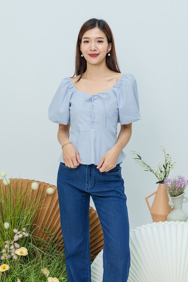 Garden Haze Lace Up Top in Solid Powder Blue