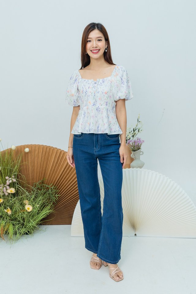 Garden Haze Lace Up Top in White Florals