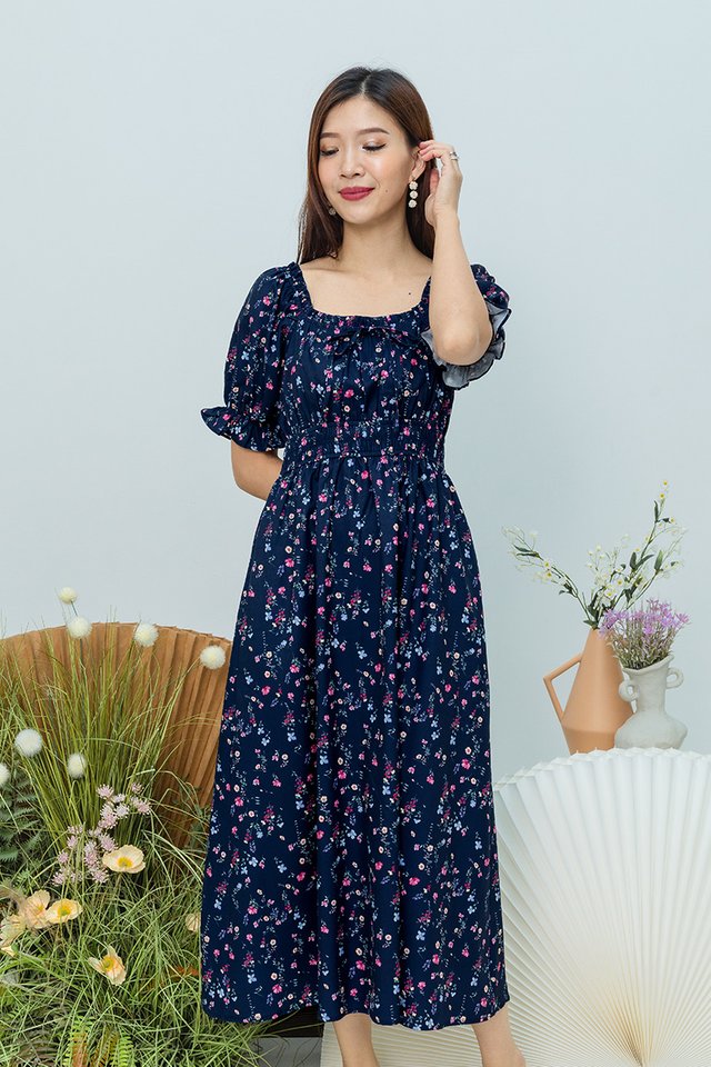 Twirl and Frill Dress in Navy Blooms