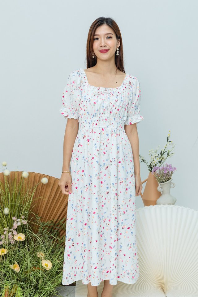 Twirl and Frill Dress in White Blooms