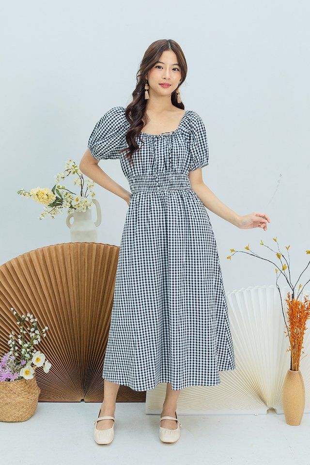 Anya Smocked Waist Dress in Black Gingham