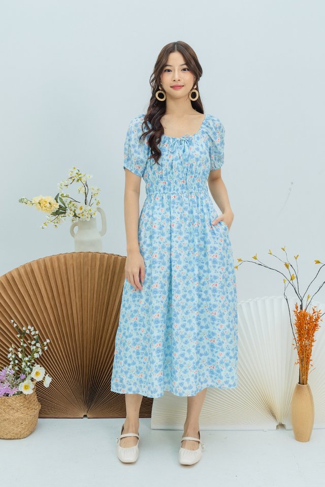 Anya Smocked Waist Dress in Blue Meadows
