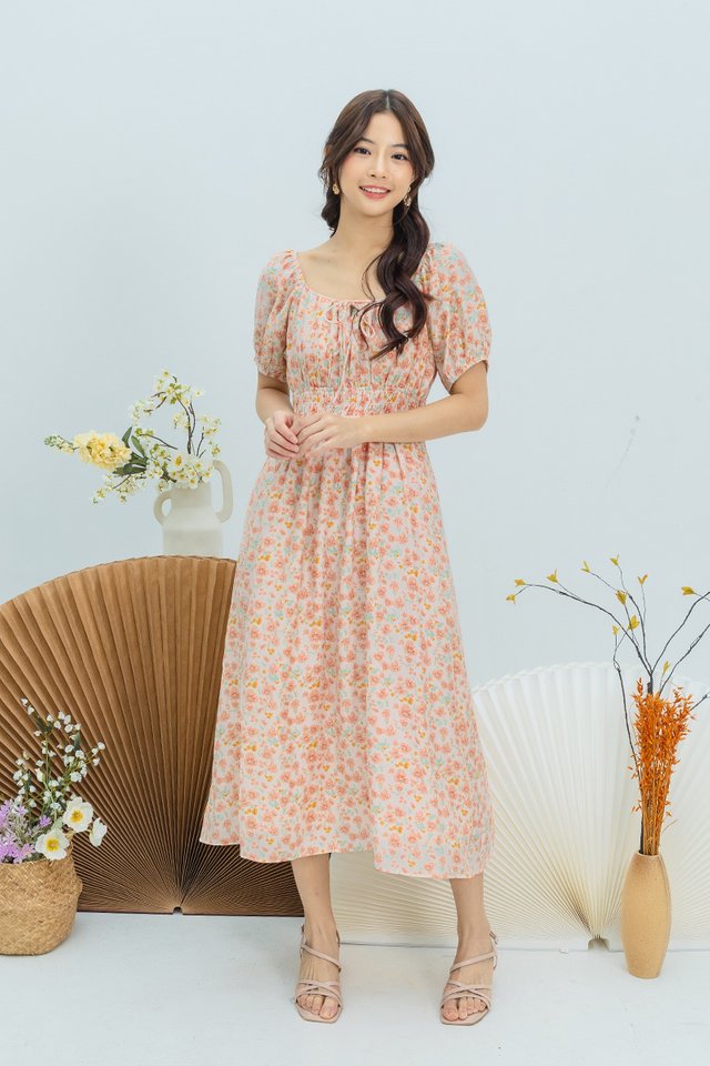 Anya Smocked Waist Dress in Orange Meadows