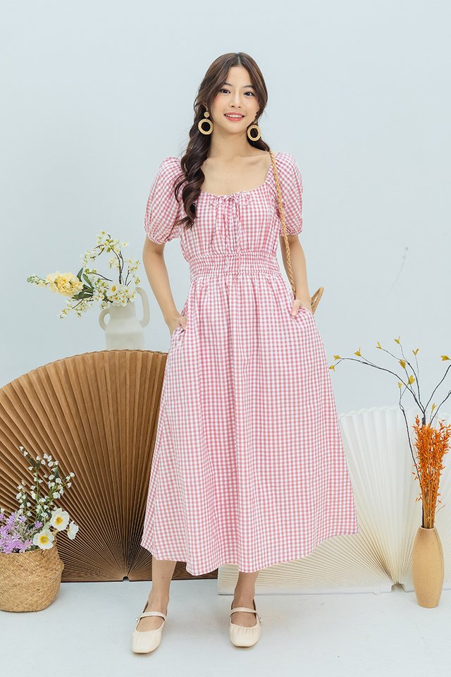 Anya Smocked Waist Dress in Rose Gingham